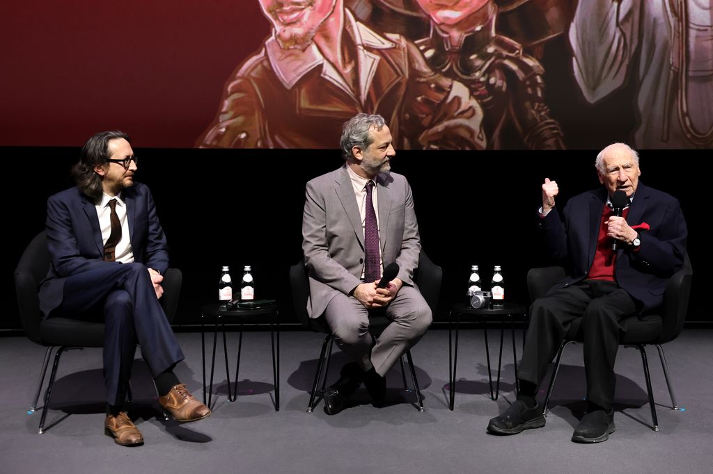 Michael Bonfiglio, Judd Apatow and Mel Brooks speak onstage during the LA premiere of "Mel Brooks: The 99 Year Old Man!" at Academy Museum of Motion Pictures on January 20, 2026 in Los Angeles, California.