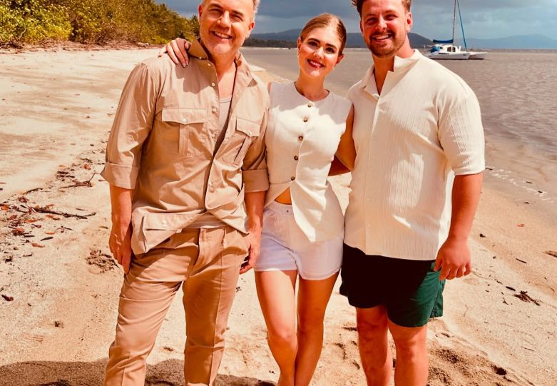 Gary Barlow with daughter Emily and her boyfriend Marshal on the beach