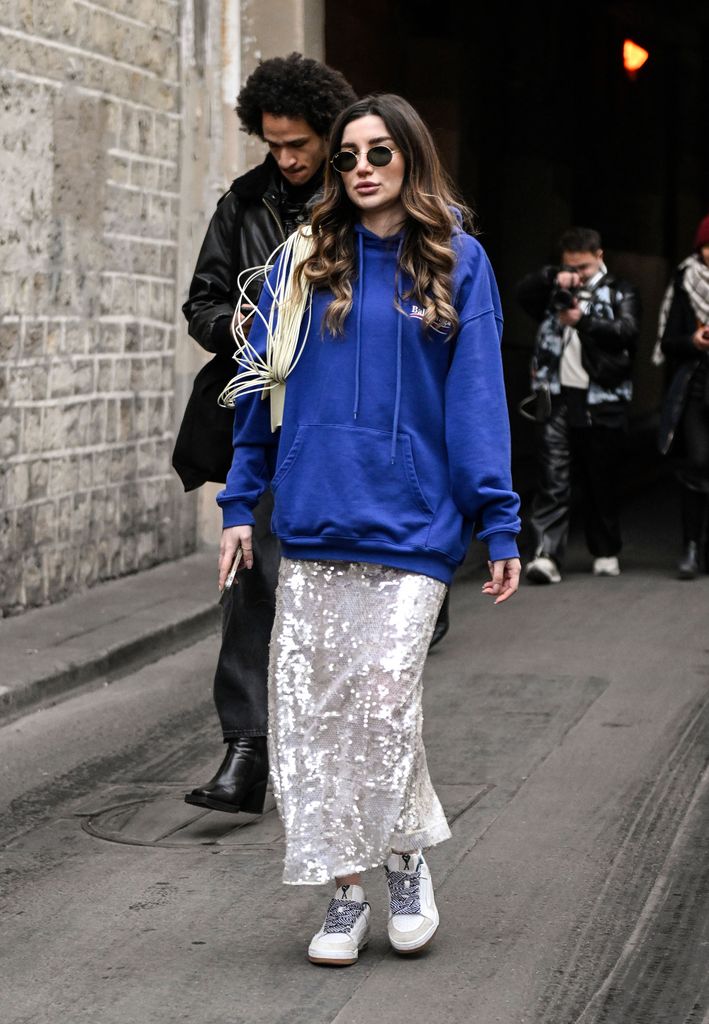 Sequin skirt with hoodie street style