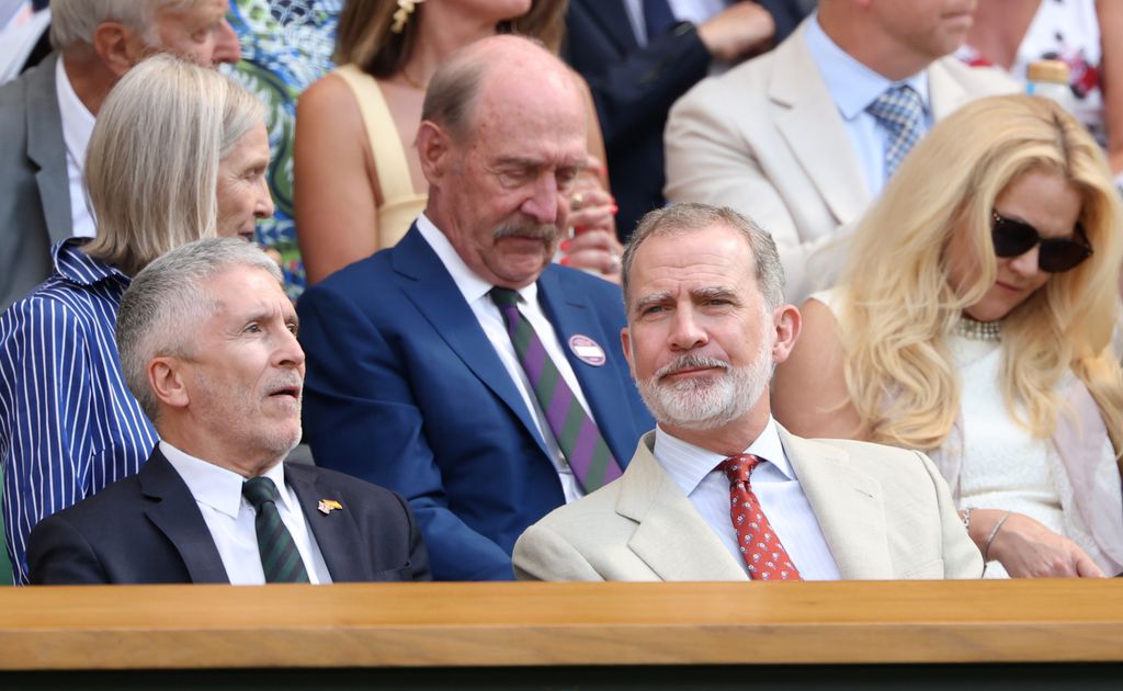 King Felipe VI of Spain looks on in the Royal Box prior to the Gentleman's Singles Final between Jannik Sinner of Italy and Carlos Alcaraz of Spain