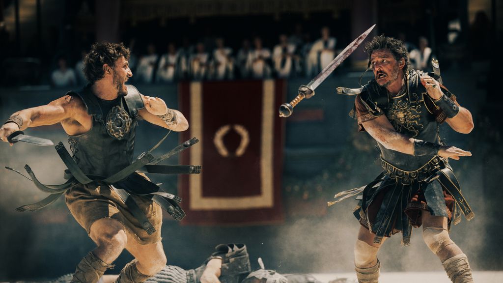 Paul Mescal plays Lucius and Pedro Pascal plays Marcus Acacius in Gladiator II from Paramount Pictures. 