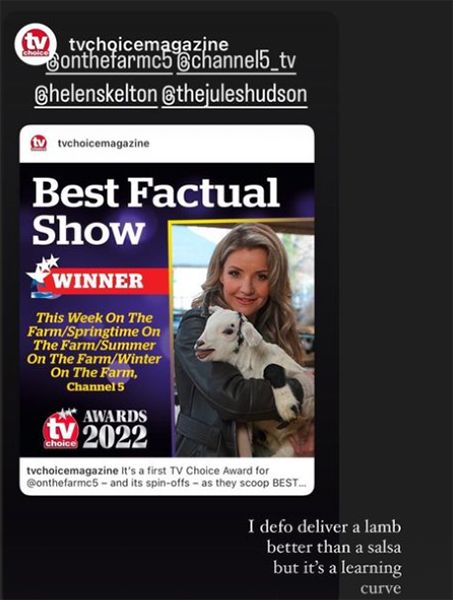 Screenshot of Helen Skelton sharing show she presents won award