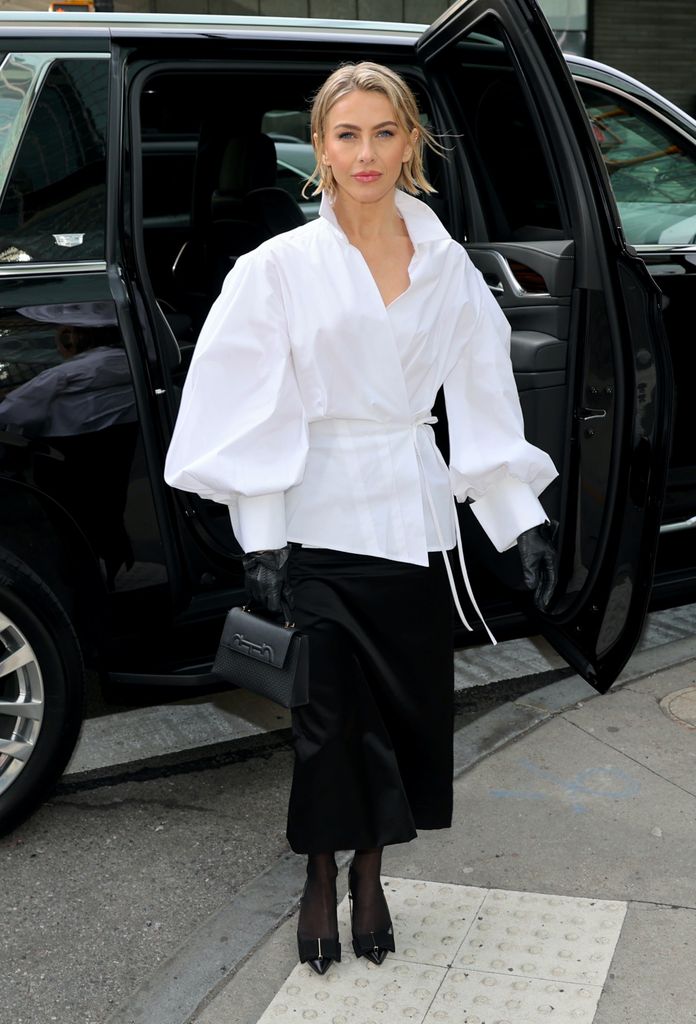 Julianne Hough in oversized white shirt, pencil skirt and heels