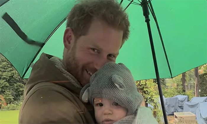 Prince Harry holding Archie under an umbrella