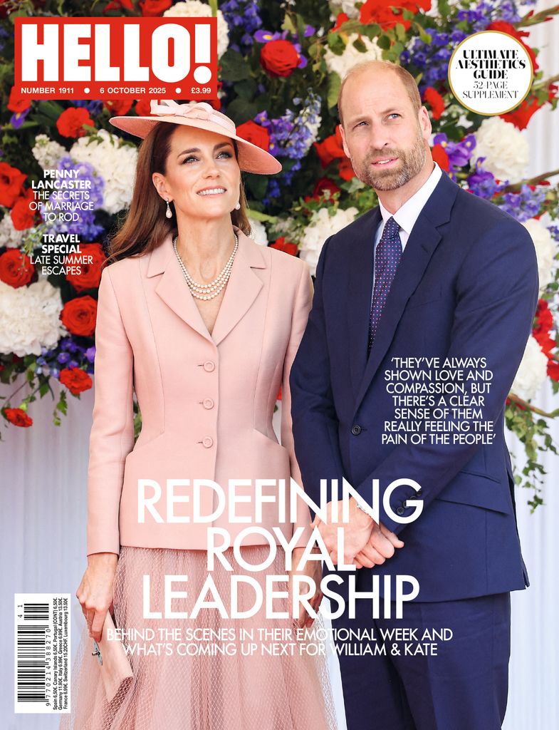 Hello Magazine cover featuring Prince William, wearing a navy suit and Princess Kate wearing a pink blazer and skirt
