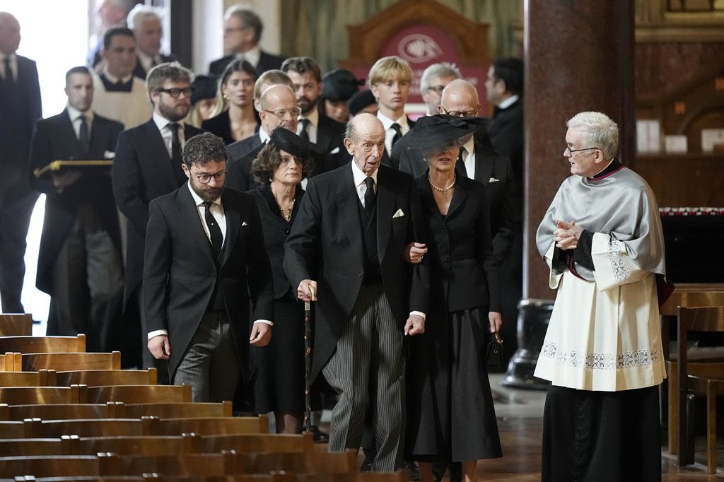 Prince Edward, The Duke of Kent (C) arrives for the Requiem Mass service for the Duchess of Kent, at Westminster Cathedral on September 16, 2025 in London
