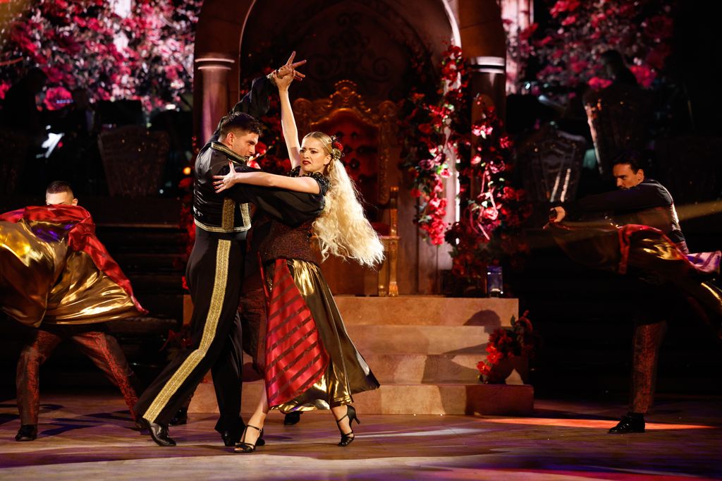 Aljaz Skorjanec and Tasha Ghouri dancing a paso doble