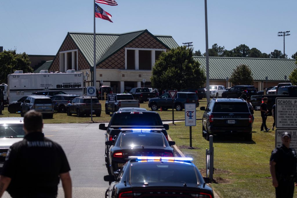 Law enforcement and first responders respond to Apalachee High School in Winder, Georgia, on September 4, 2024, after a shooting was reported. Four people were killed and nine wounded in the school shooting on Wednesday, the Georgia Bureau of Investigation said