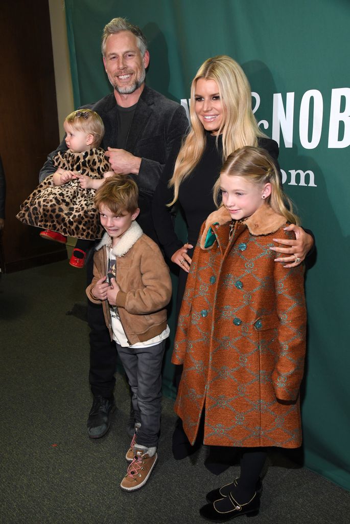 Eric Johnson, Jessica Simpson, Birdie Mae Johnson, Ace Knute Johnson and Maxwell Drew Johnson pose at Barnes & Noble Union Square