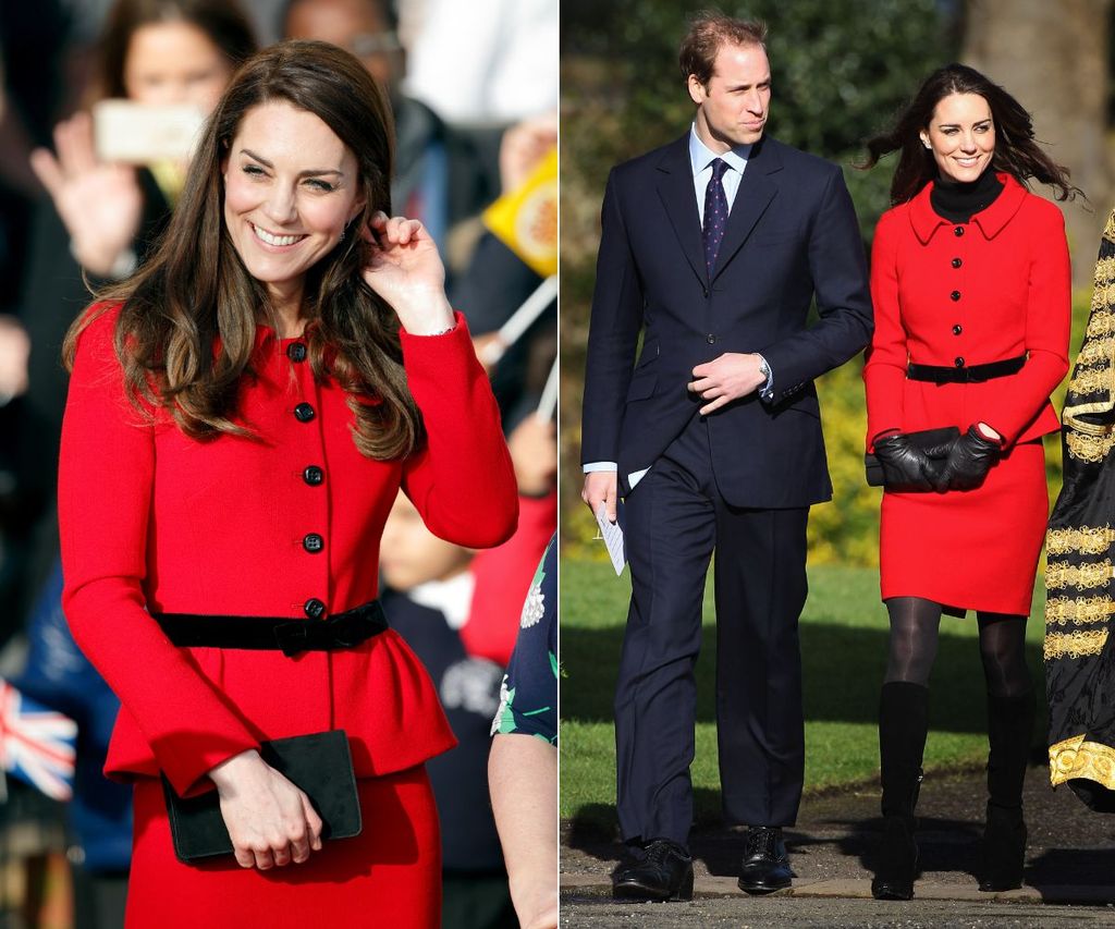 Kate Middleton wears a red suit skirt