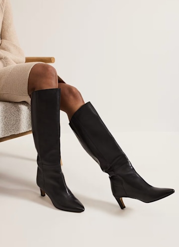 Black Leather Kitten Heel Knee Boot