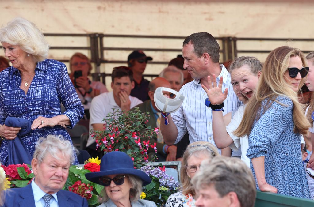  Queen Camilla speaks with Peter Phillips and Harriet Sperling on The Final Day Of The Badminton Horse Trials 2024 