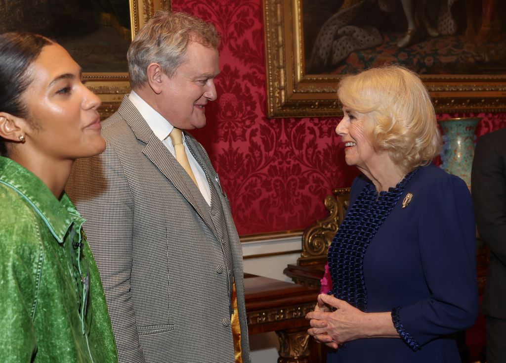 Queen Camilla speaking with Hugh Bonneville