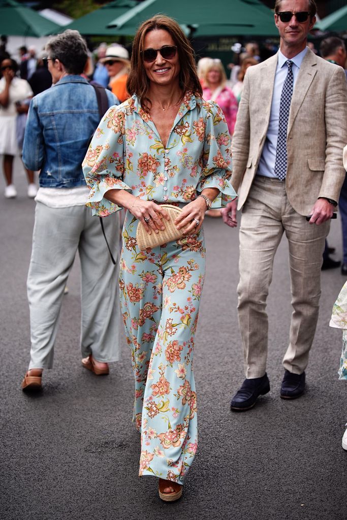 Pippa Middleton in a turquoise suit and James Matthews in a tan suit