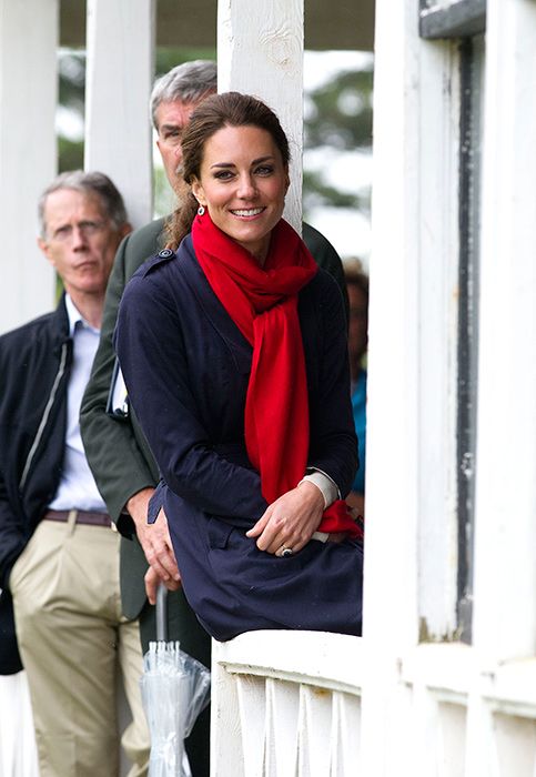 kate middleton navy trench red scarf