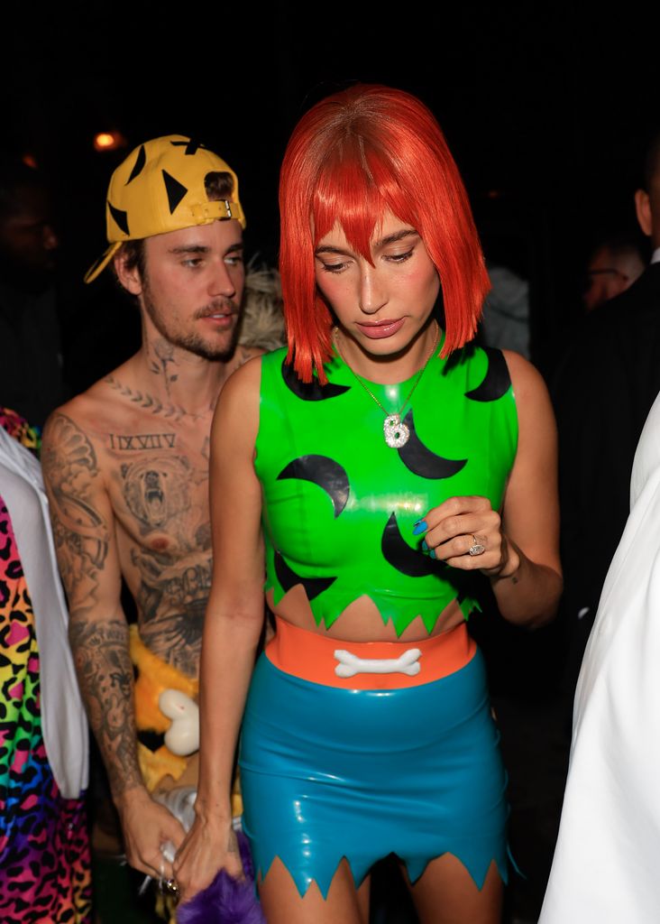 ustin Bieber and Hailey Bieber are seen arriving to Vas Morgan and Michael Braun's Halloween Party on October 28, 2023 in Los Angeles, California.