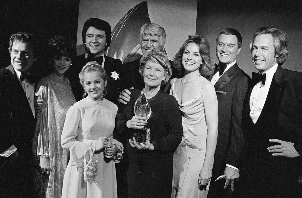 The Cast of "Dallas" after the 1980 People's Choice Awards.  From left back row:  Ken Kercheval, Victoria Principal, Patrick Duffy, Jim Davis, Linda Gray, Larry Hagman, Steve Kanaly.  Front row: Charlene Tilton and Barbara Bel Geddes.