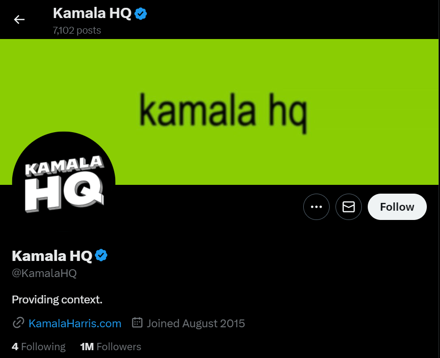 Kamala Harris' campaign page on X