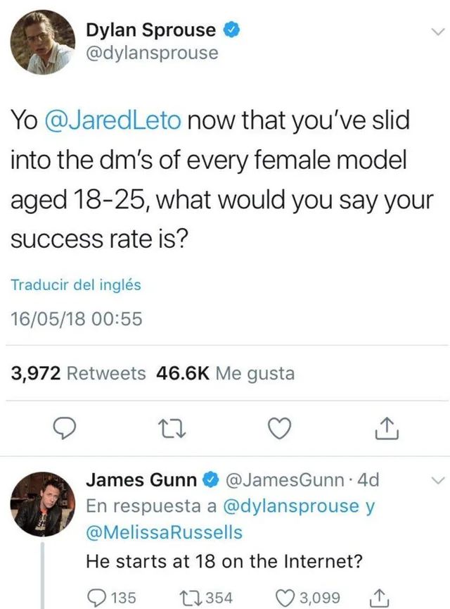Screengrab of tweets of Dylan Sprouse and James Gunn accusing Jared Leto of sexual misconduct