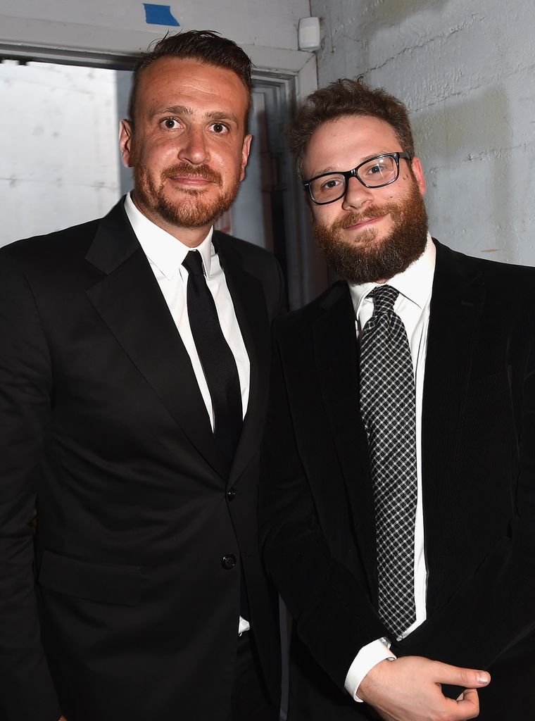 Jason Segel (L) and Seth Rogen pose backstage during the 2015 TV Land Awards  in 2015 