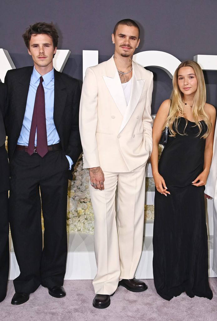 Cruz Beckham, Romeo Beckham and Harper Beckham attend the World Premiere of "Victoria Beckham" at The Curzon Mayfair on October 8, 2025 in London, England. 