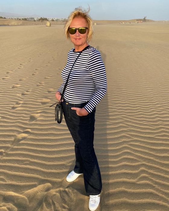 Sue Cleaver looking slim on the beach