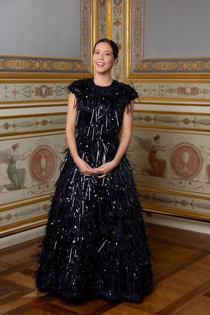 princesse Eugenia von Hohenzollern posed in navy fringed dress