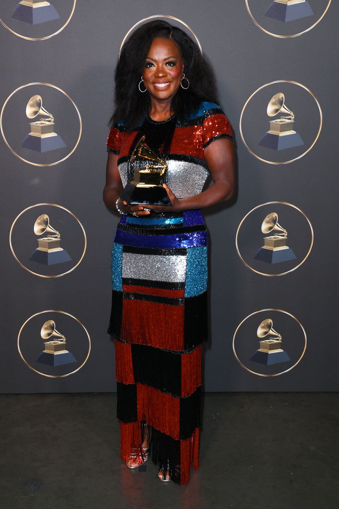 Viola Davis celebrates the Best Audio Book, Narration, and Storytelling award for "Finding Me"  during the 65th GRAMMY Awards Premiere Ceremony at Microsoft Theater on February 05, 2023 in Los Angeles, California
