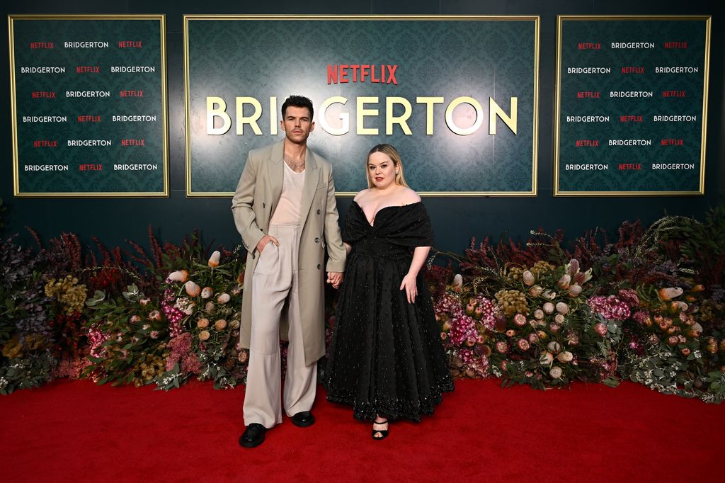 Luke Newton and Nicola Coughlan attend the "Bridgerton" Season 3 launch on the grounds of Milton Park Country House on April 21, 2024 in Bowral, Australia. 