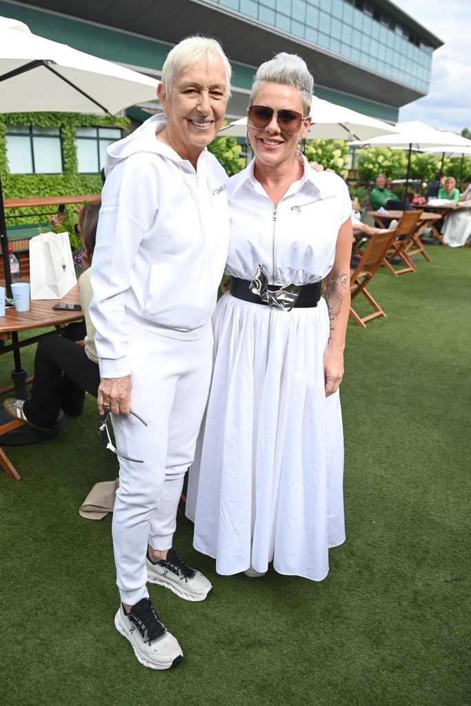 Pink and Martina Navratilova attend day ten of the Wimbledon Tennis Championships at the All England Lawn Tennis and Croquet Club on July 12, 2024 in Wimbledon, England