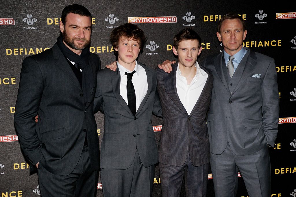 LONDON - JANUARY 06: L-R Liev Schreiber, George Mackay, Jamie Bell and Daniel Craig attend the European premiere of 'Defiance' at the Odeon Cinema, Leicester Square on January 6, 2009 in London, England. (Photo by Dave Hogan/Getty Images)