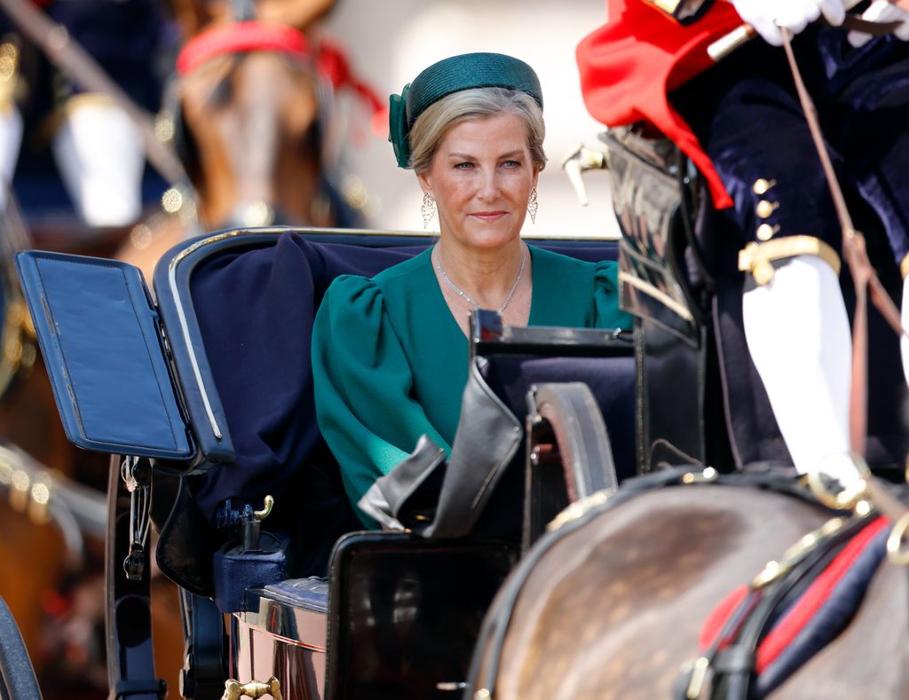 Sophie, Duchess of Edinburgh departs Buckingham Palace in an Ascot Landau horse-drawn carriage during Trooping the Colour