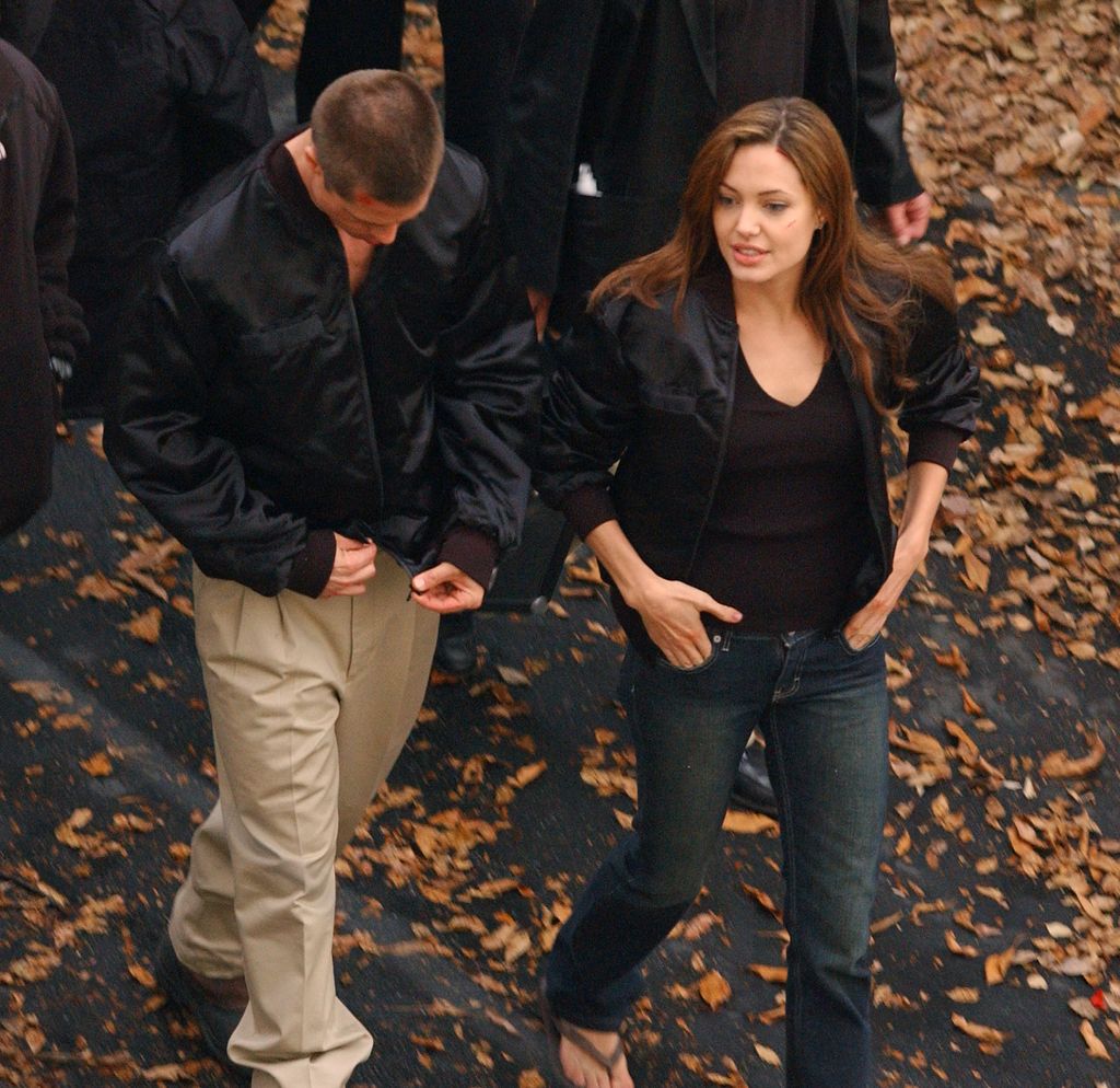 Brad Pitt and Angelina Jolie are seen on the set of Mr. and Mrs. Smith on April 02, 2004