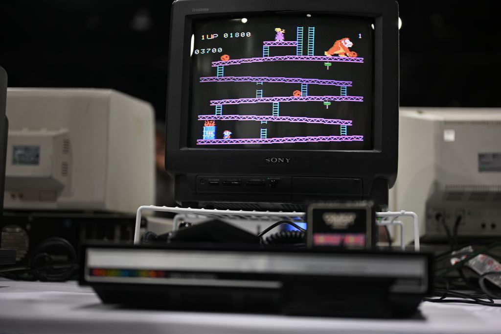 MILWAUKEE, WISCONSIN - APRIL 06: A general view of "Donkey Kong" on a ColecoVision retro video game console during Midwest Gaming Classic at Baird Center on April 06, 2025 in Milwaukee, Wisconsin. (Photo by Daniel Boczarski/Getty Images)