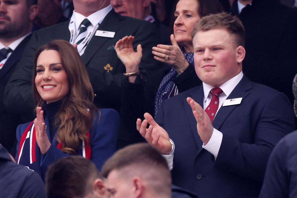 Catherine, princesse de Galles et patronne de la RFU, et Fin Baxter d'Angleterre assistent au match Guinness des Six Nations 2026 entre l'Angleterre et l'Irlande à l'Allianz Stadium le 21 février 2026 à Londres, en Angleterre. (Photo de David Rogers/Getty Images)
