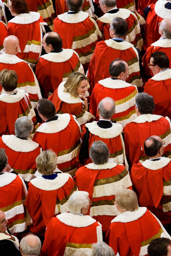 Members of House of Lords in robes at State Opening of Parliament, House of Lords, England, United Kingdom.