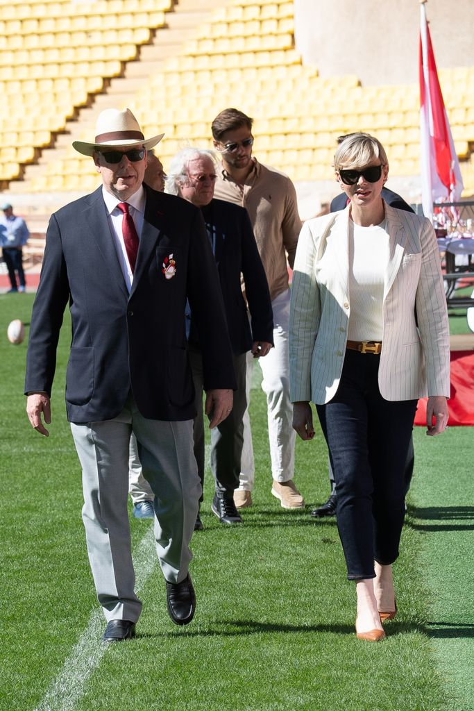 Prince Albert II of Monaco, Princess Charlene of Monaco, attend the Sainte Devote Rugby Tournament At Stade Louis II on April 20, 2024 in Monaco, Monaco.