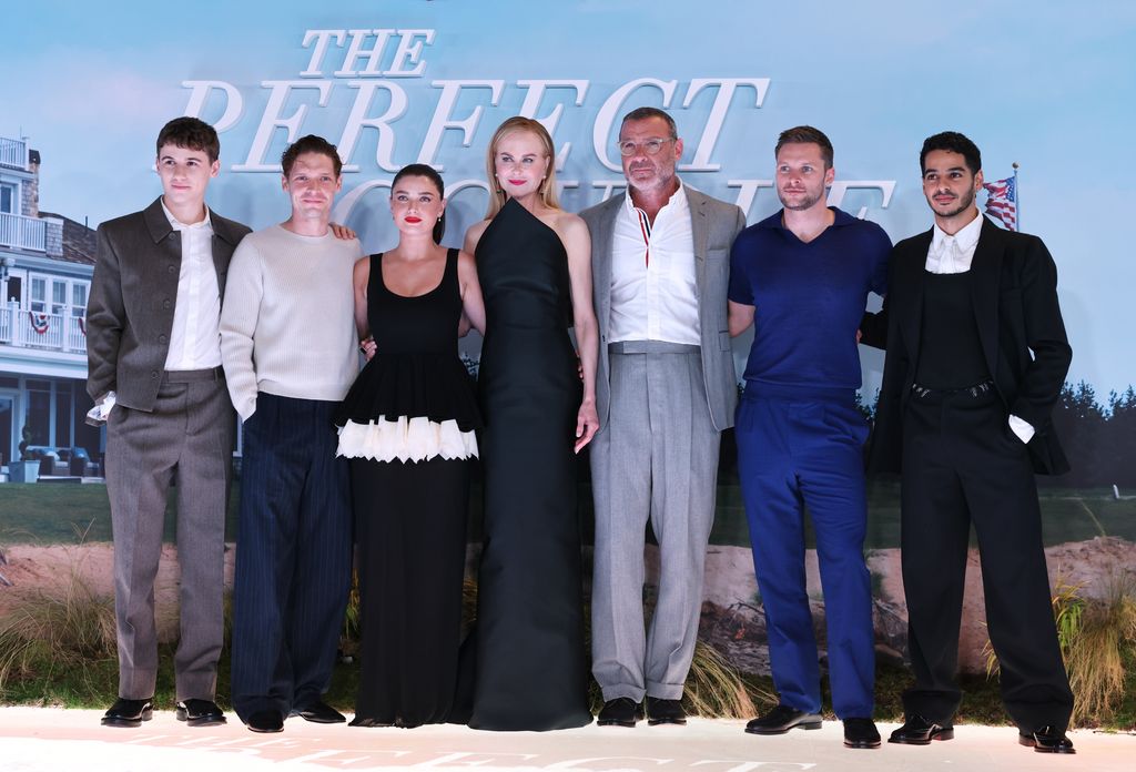 Sam Nivola, Billy Howle, Eve Hewson, Nicole Kidman, Liev Schreiber, Jack Reynor and Ishaan Khattar attend the British premiere of "The perfect couple" at the BFI IMAX Waterloo on September 2, 2024 in London, England