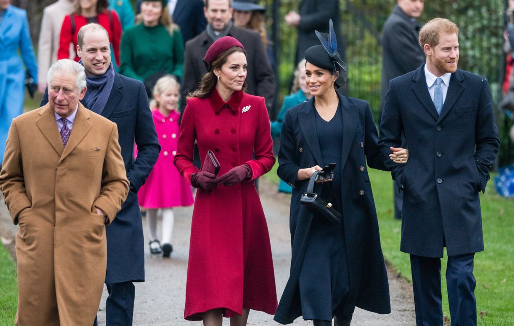 Prince Charles, Prince of Wales, Prince William, Duke of Cambridge, Catherine, Duchess of Cambridge, Meghan, Duchess of Sussex and Prince Harry, Duke of Sussex attend Christmas Day Church service on December 25, 2018