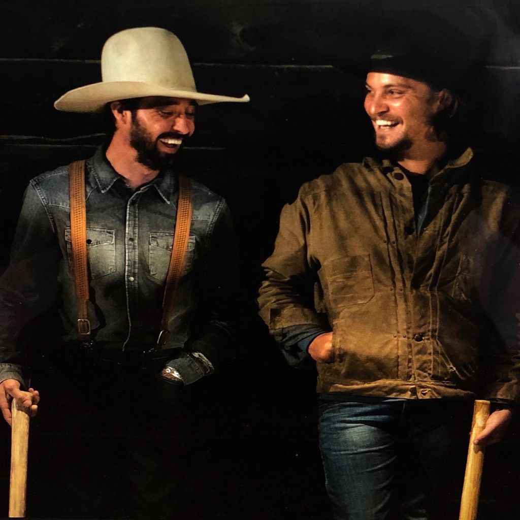 Ryan Bingham and his co-star Luke Grimes on the set of Yellowstone