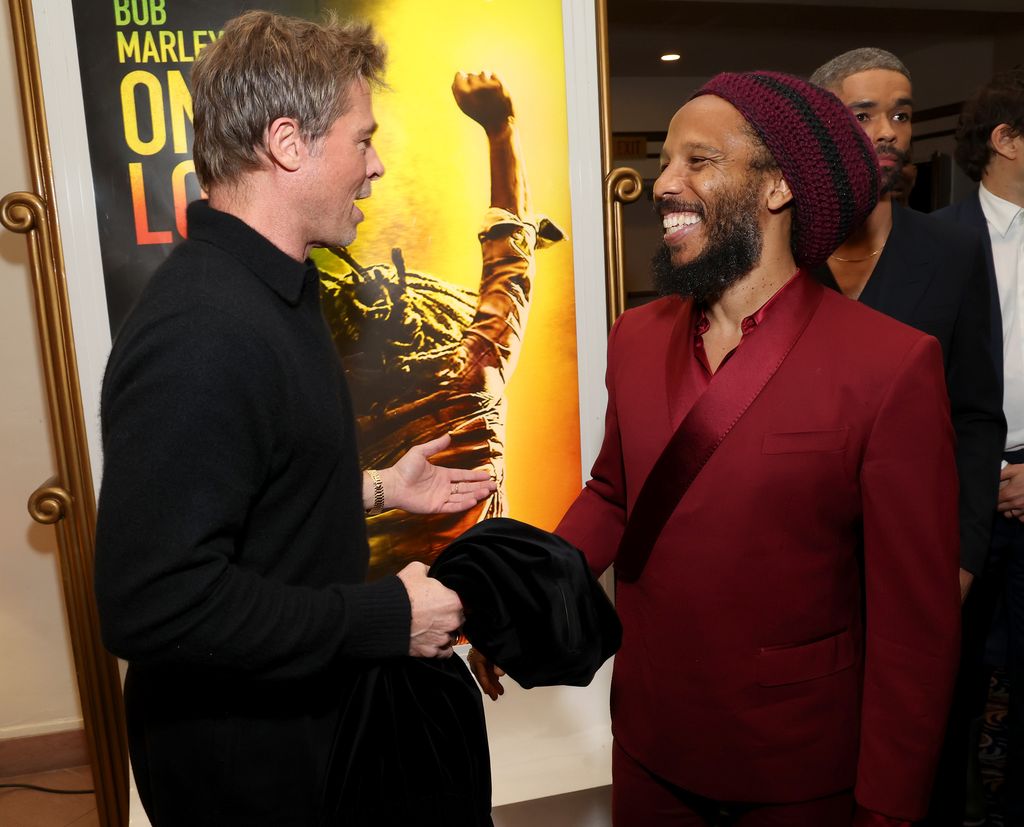 Brad Pitt and Ziggy Marley attend the Los Angeles Premiere of "Bob Marley: One Love" at Regency Village Theatre on February 06, 2024, in Los Angeles, California.