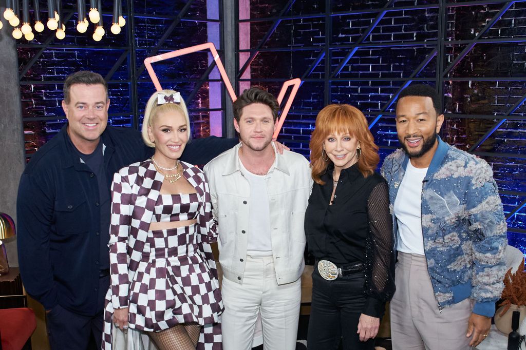 Carson Daly, Gwen Stefani, Niall Horan, Reba McEntire, John Legend on The Voice, September 2023.