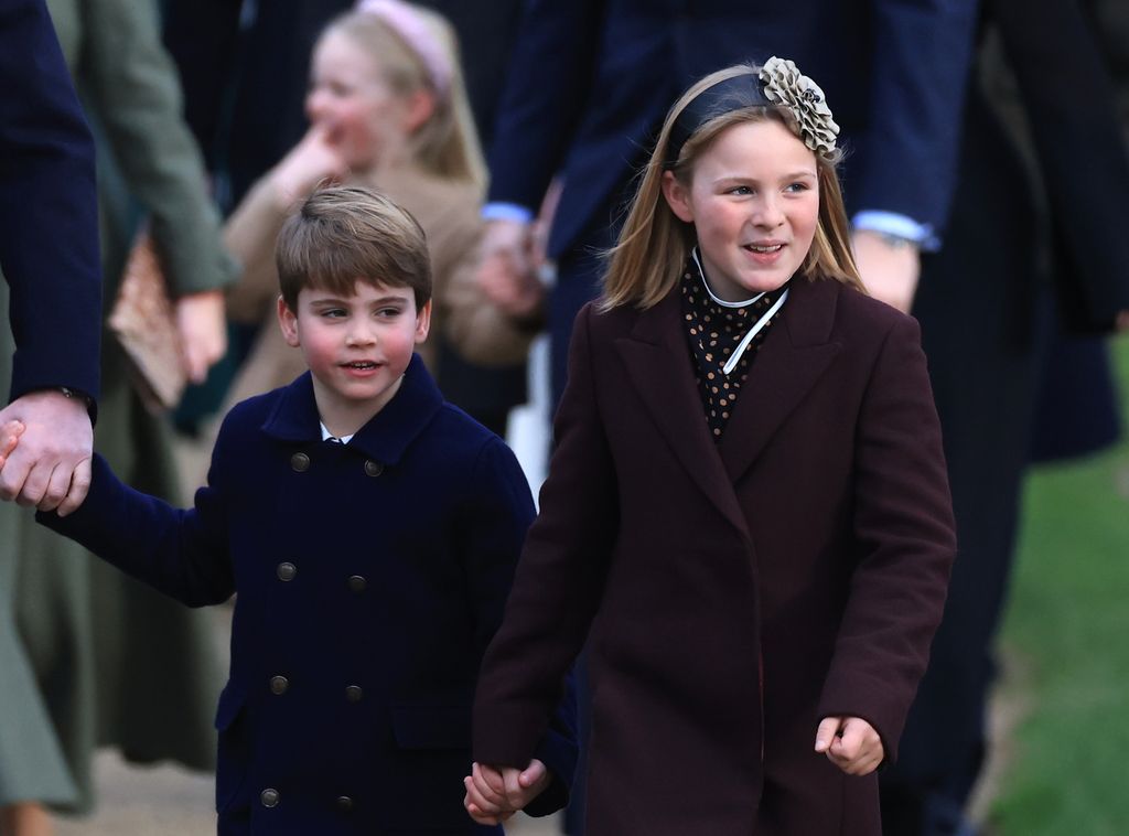 SANDRINGHAM, NORFOLK - DECEMBER 25: Prince Louis and Mia Tindall attend the Christmas Morning Service at Sandringham Church on December 25, 2023 in Sandringham, Norfolk. (Photo by Stephen Pond/Getty Images)