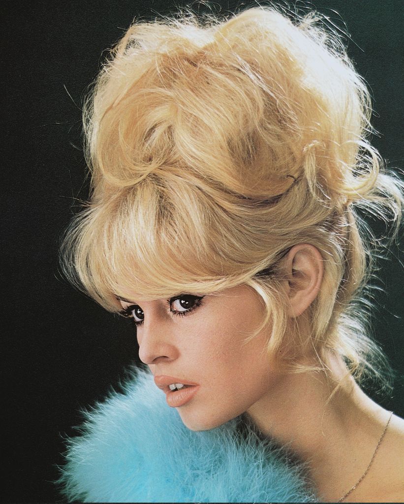 A close up of Brigitte Bardot wearing her hair piled up on top of her head and a blue fluffy scarf