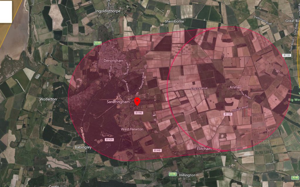 map with red circle indicating flight restriction zone over the Sandringham Estate in Norfolk