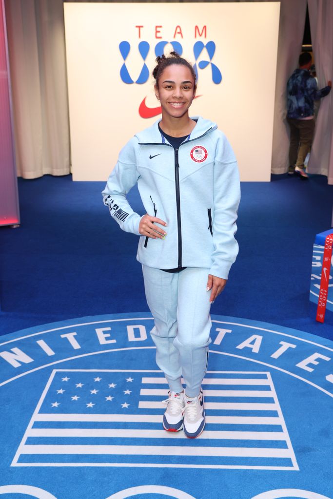 Hezly Rivera tries on clothes at the Team USA Welcome Experience Ahead of Paris 2024 on July 22, 2024 in Paris, France