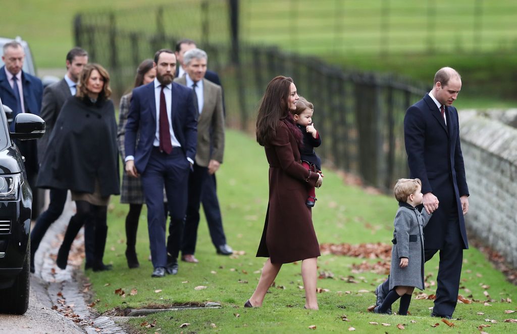 Catherine, and Prince William, Prince George, Princess Charlotte followed by Carole, James and Michael Middleton arrive at church