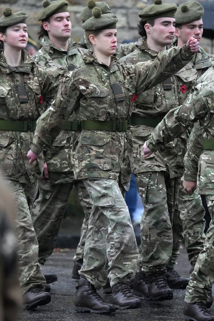 Lady Louise Windsor marches with the A Squadron, Students of Tayforth UOTR from the University of St. Andrews, in the Remembrance Sunday Parade at St Andrews on the 9th November, 2025.
