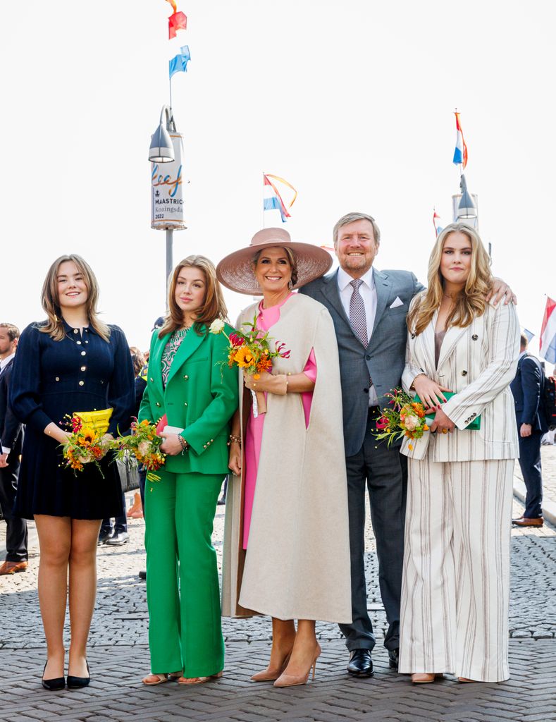 Princess Ariane of The Netherlands, Princess Alexia of The Netherlands, Queen Maxima of The Netherlands, King Willem-Alexander of The Netherlands and Princess Amalia of The Netherlands attend the Kingsday celebration in the city center on April 27, 2022 in Maastricht, Netherlands. Kingsday is the national celebration of the Kings Birthday. (Photo by P van Katwijk/Getty Images)