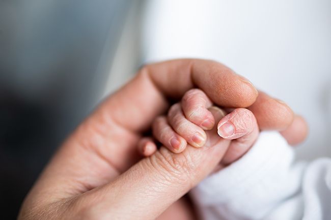 A parent holding a newborn baby's hand